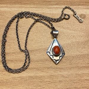 Signed native American Sterling Silver coral hand stamped pendant Necklace